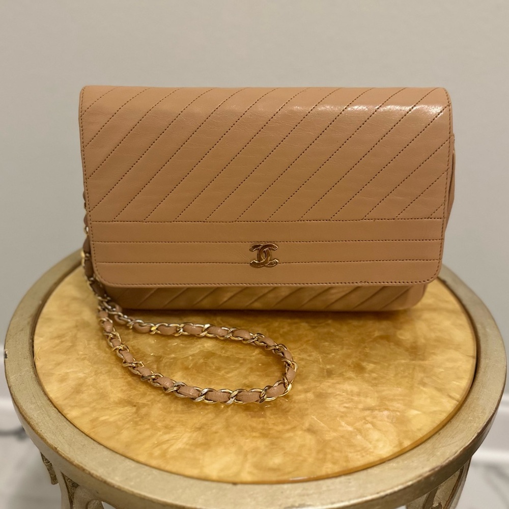 Retouched Vintage Chanel Tan Diagonal Leather Shoulder Flap Bag